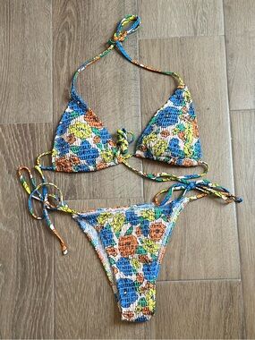 SHEIN Blue Orange Yellow Floral Smocked Two-Piece Bikini
